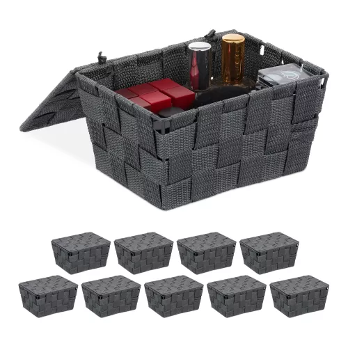 Cestas organizadoras de baño con tapa, de plástico gris con aspecto trenzado, set de 10, 10,5 x 19,5 x 14,5 cm, relaxdays