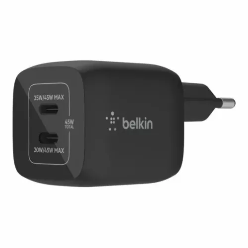 Cargador móvil - Belkin BoostCharge Pro WCH011vfBK, Universal, De pared USB-C® GaN doble con PPS de 45 W, Negro