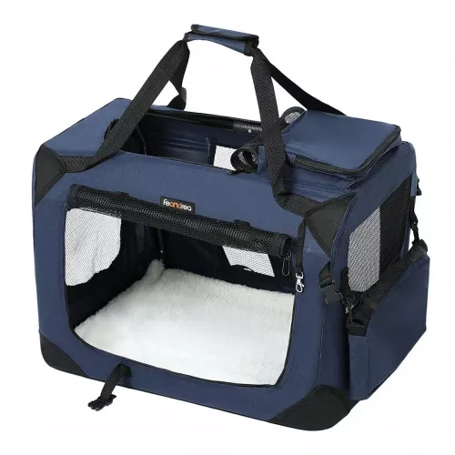 Transportín plegable para perros talla mediana 60x40x40 cm, portador de mascotas en tela oxford, azul