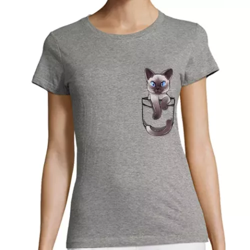 Camiseta Mujer Manga Corta bolsillo lindo gato siamés - camisa de