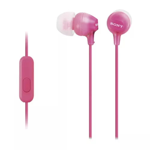 Auriculares de botón - Sony MDR-EX15APPI, Con micrófono, Jack 3,5 mm, 8Hz 22000Hz, 100dB/mW, Tapones silicona, imán neodimio, Rosa