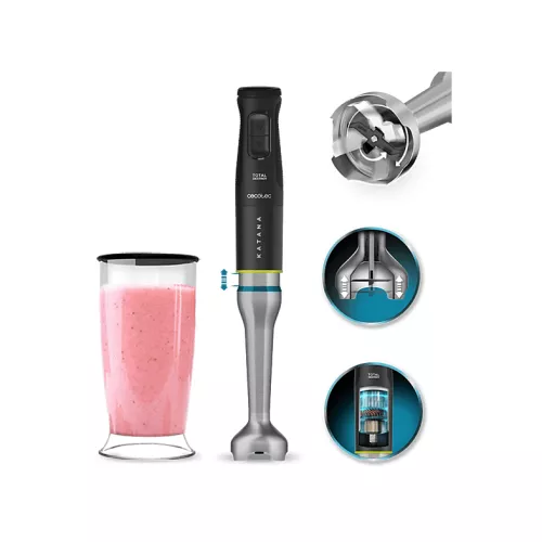 Batidora de mano - Cecotec Katana 15 TotalDestroy Jar B, Tecnología PerreoMove, 4 cuchillas titanio, Antisalpicaduras, Vaso, Gris