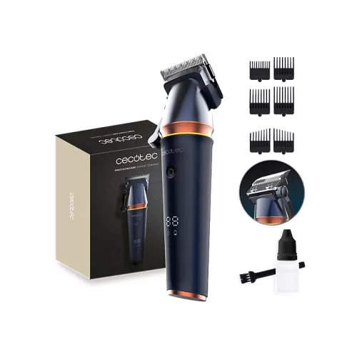 Cortapelos - Cecotec PrecisionCare Expert Ceramic, Motor brushless, Cuchillas de cerámica, 120 min, Pantalla RPM y batería, 6 peines, Azul