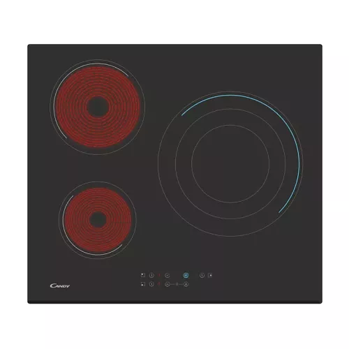 Placa vitrocerámica - Candy CH63TVT, 3 Zonas, Zona grande 29 cm, Bisel, Negro