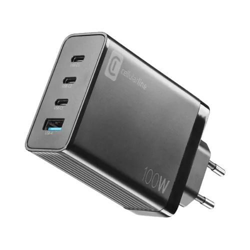 Cargador móvil - CellularLine ACHUSBGAN4WAL100WK, USB- C, 100 W, 4 puertos, Universal, Negro