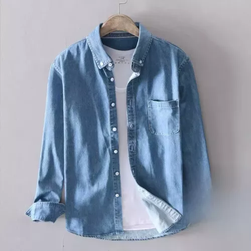 100% algodón otoño nueva camisa vaquera de manga larga hombres moda Casual High Street ropa masculina Top clásico azul claro negro gris