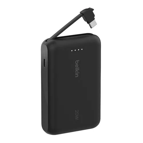 Powerbank - Belkin BPB021hqBK, 10000 mAh, 1x USB-C, Cable Integrado, Carga Rápida, 20W, Negro