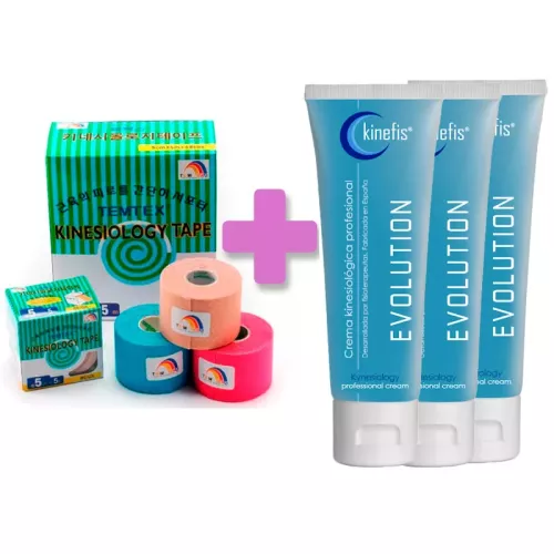 OFERTA PACK VENDAJE TEMTEX: 6 rollos vendaje neuromuscular Temtex Kinesiology tape 5cm X 5m + 3 cremas Kinefis Evolution 200 cc