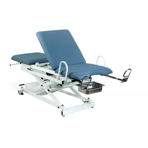 Camilla eléctrica de reconocimiento ginecológico: tres cuerpos, tres motores, con subida recta, Trendelenburg y ruedas escamoteables