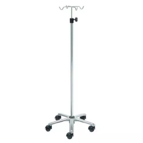 Soporte de suero Kinefis de acero cromado con base de aluminio y cuatro colgadores de acero cromado
