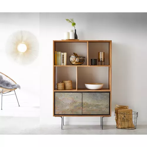 DELIFE Buffet-haut Juwelo 88x135 cm acacia naturel avec placage de pierre, Buffets-haut