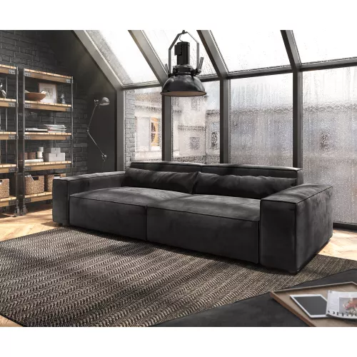 DELIFE Grand Canapé Sirpio XL 270x130 cm Microfibre Noir avec Tabouret, Grands canapés