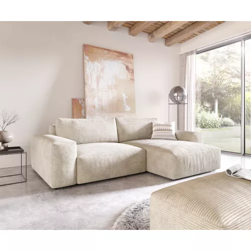DELIFE Canapé d'angle Lanzo XL 270x180 cm Velours côtelé Beige Recamière variable avec Tabouret, Canapés d'angle