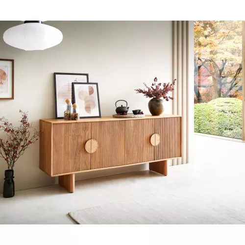 DELIFE Buffet Surimu 175 cm Acacia brun clair 4 portes 2 compartiments Poignée en liège Pieds en bois, Buffets