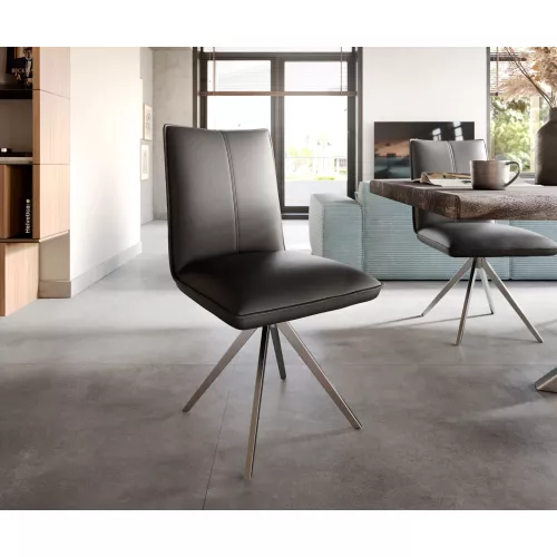 DELIFE Chaise-de-salle-à-manger Lelio-Flex cuir de vache noir pied croisé large acier inoxydable brossé ressorts ensachés, Chaises de salle à manger