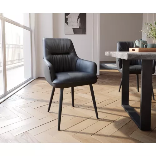 DELIFE Chaise-de-salle-à-manger Zelia-Flex avec accoudoirs cuir de vache noir 4 pieds coniques noir ressorts ensachés, Chaises de salle à manger