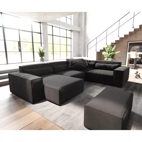 DELIFE Canapé panoramique Sirpio 300x210 cm Microfibre Noir Recamiere variable avec Tabouret, Canapés panoramiques