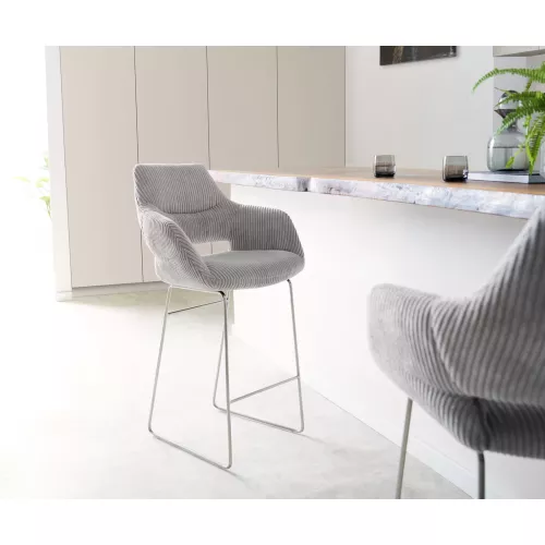 DELIFE Chaise-de-bar Yago-Flex velours côtelé gris argenté cadre à patins inox ressorts ensachés, Chaises de bar