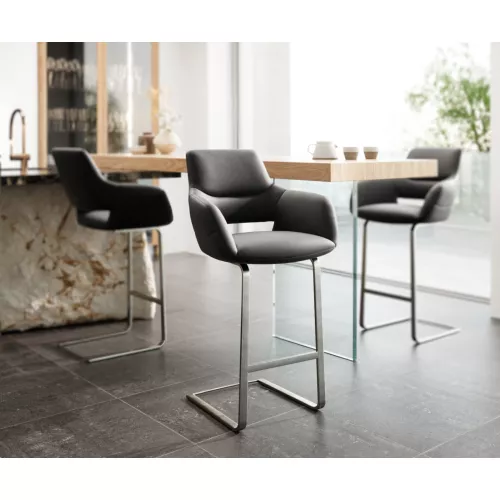 DELIFE Chaise-de-bar Yago-Flex cuir véritable noir piétement luge plat acier inoxydable ressorts ensachés, Chaises de bar