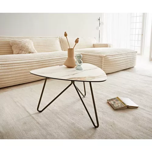 DELIFE Table-basse Ekrem 65x65 cm céramique Calacatta Luxe blanc-or-gris piètement croisé rond métal effet titane, Tables basses