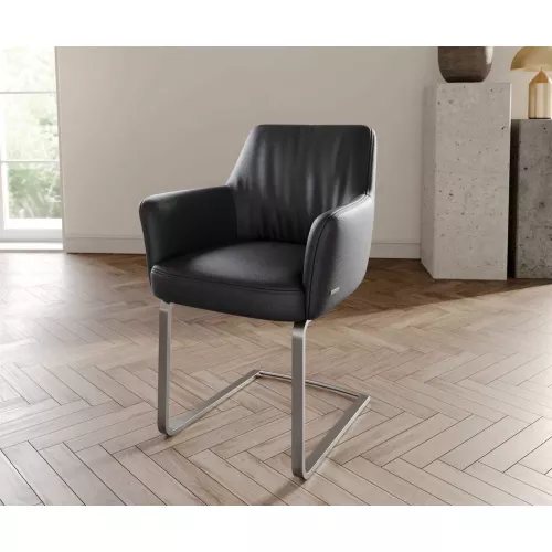DELIFE Cantilever Xana-Flex avec accoudoirs cuir de vache noir pied cantilever plat acier inoxydable brossé ressorts ensachés, Chaises de salle à...