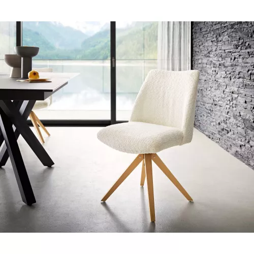 DELIFE Chaise-pivotante Elso-Flex bouclé blanc pied en bois angulaire naturel pivotement sur 180° ressorts ensachés, Chaises de salle à manger