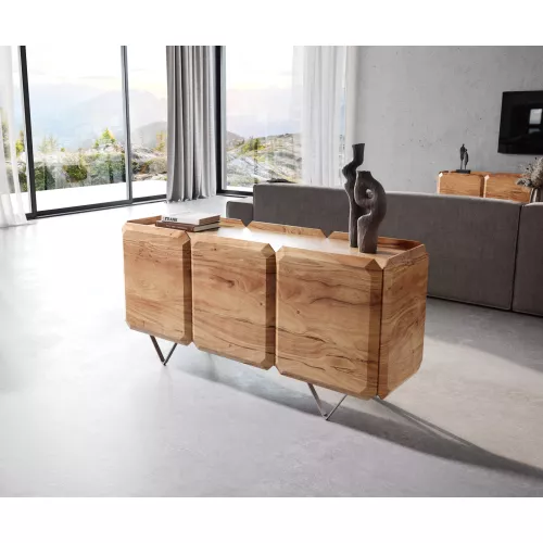 DELIFE Buffet Kiano 145 cm Acacia Nature 3 Portes Pied en V Acier inoxydable Séparateur de pièce, Buffets