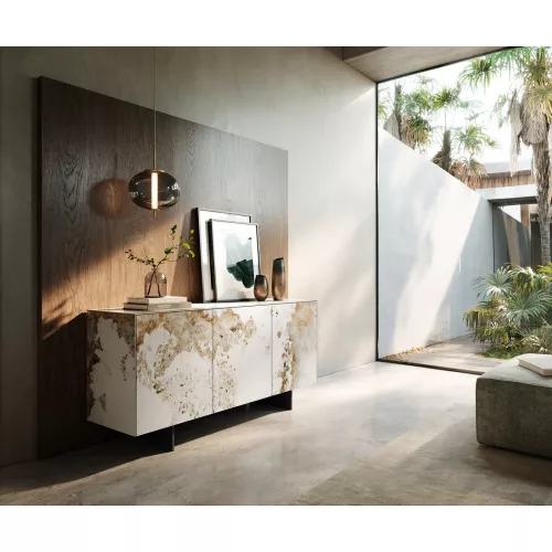 DELIFE Buffet Cuor 150 cm Céramique Minas Melange Blanc-beige 3 Portes Pied optique flottant Métal Noir, Buffets