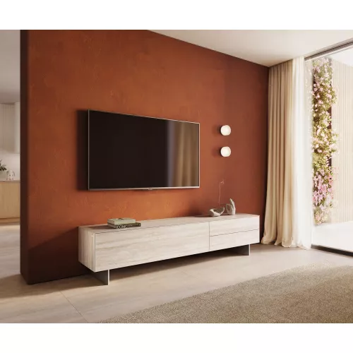 DELIFE Meuble-TV Cuor 220 cm Céramique Laminam® Travertino Bianco Crème-blanc 1 Clapet 2 Tiroirs Pied optique flottant Ancier inoxydable, Meubles-TV