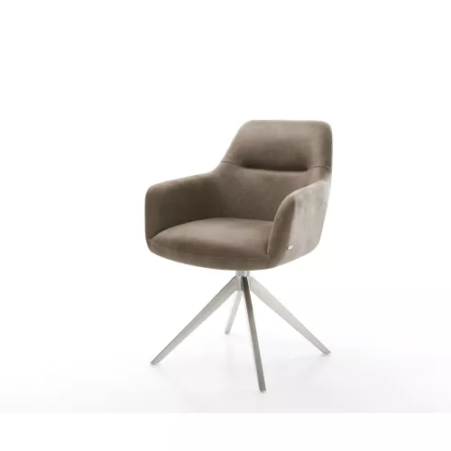 DELIFE Chaise-pivotante Pejo-Flex microvelours taupe vintage pied croisé large acier inoxydable brossé pivotement sur 360° fonction bascule...