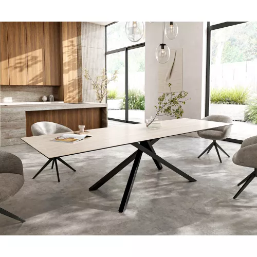 DELIFE Table à manger Edge 300x100 cm Céramique Laminam®Travertino Bianco Creme-Blanc piètement en croix Rectangle Noir, Tables de salle à manger