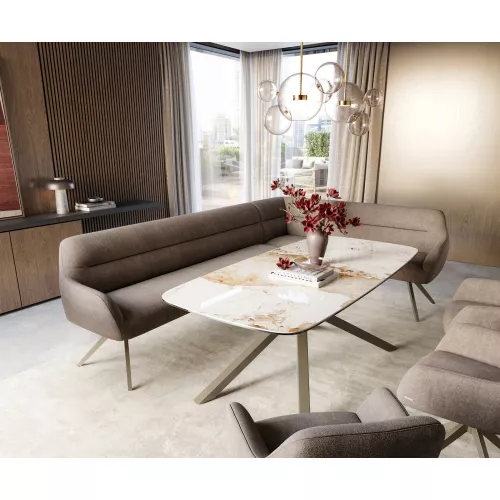 DELIFE Banc-de-salle-à-manger Taya-Flex 285x190 cm tissu structuré doux taupe pied croisé angulaire titane ressort ensaché liens, Bancs