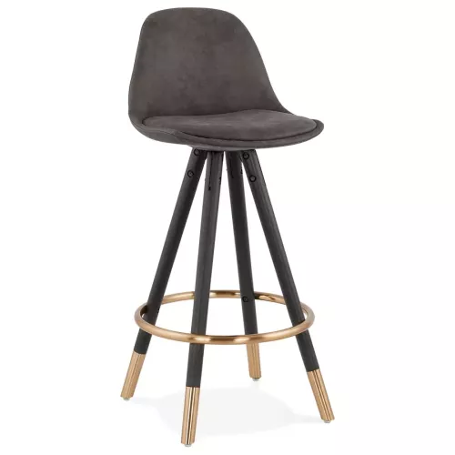 Tabouret snack mi-hauteur design 'KONG MINI' en microfibre grise et pieds en bois noir