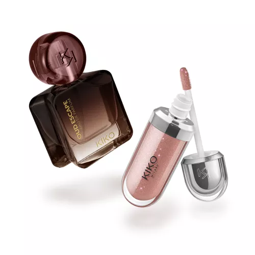 KIKO Threads Of Time Oud Escape Beauty Kit. Coffret cadeau beauté : brillant à lèvres hydratant et eau de parfum ambrée