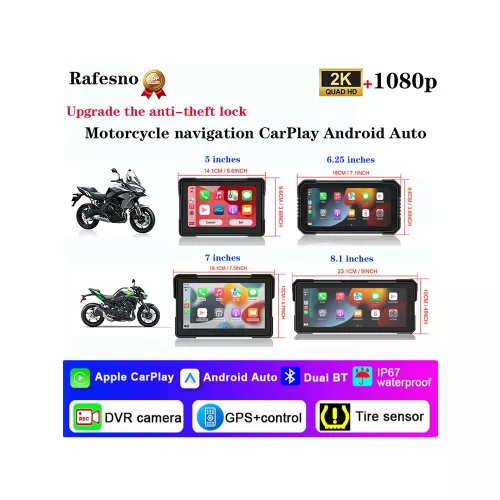 Rafesno IP67 Navigation Moto Étanche Sans Fil Carplay Android Auto TPMS 4K DVR GPS Caméra de Voiture