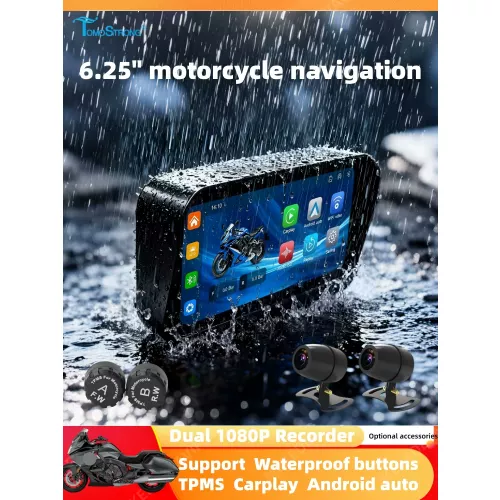 GPS moto 6,25 pouces 1560*720, navigation, étanche IP67, sans fil, Carplay, Android Auto, moniteur moto, TPMS, DVR, enregistreur de conduite