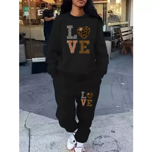 Femmes automne et hiver hip-hop décontracté mode imprimé léopard motif coeur col rond chemise de sport + pantalon de sport costume chaud