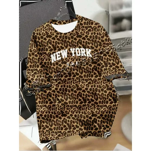 Été à la mode imprimé léopard New York surdimensionné col rond femmes T-Shirt de base à manches courtes hommes t-shirts hauts T-Shirt