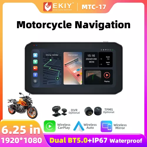 EKIY MTC17 6.25 moto Navigation sans fil CarPlay écran d'affichage TPMS DVR double BT moto sans fil Android Auto moniteur