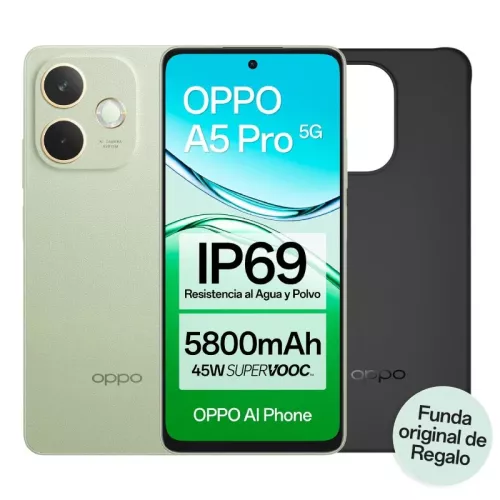 Smartphone OPPO A5 Pro 5G avec IA 6,67 pouces 120 Hz 8 Go/256 Go 50 MP IP69 5800 mAh 45 W Étui inclus Vert