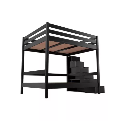 Lit superposé 160x200 double escalier cube Sylvia - Noir