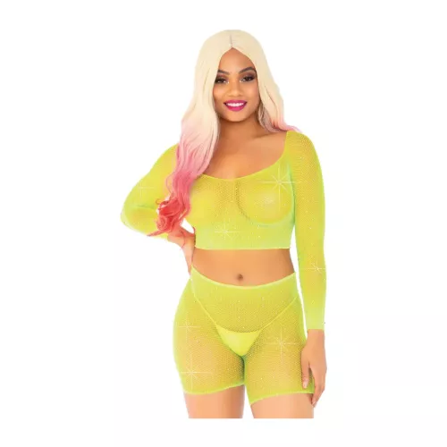 Ensemble 81608 Crop Top & Cycliste Résille Jaune Fluo