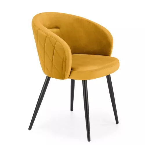 Chaise en velours jaune avec dossier arrondi et pieds en métal noir Erika