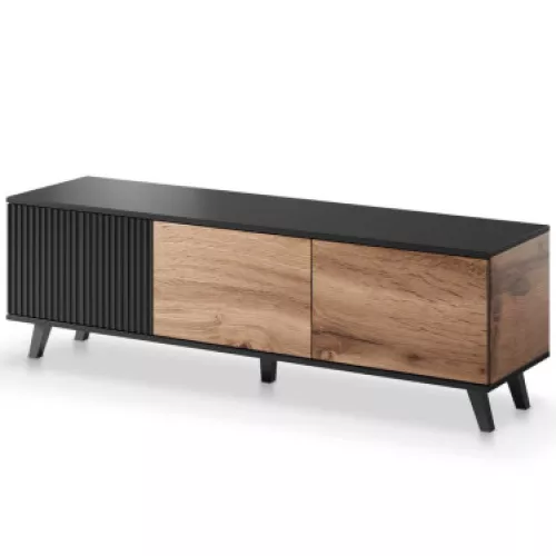 Meuble TV contemporain 3 portes aspect chêne wotan et noir 150cm Pump