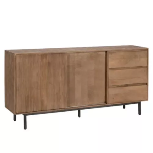Bahut bois de manguier 180 cm avec portes coulissantes et tiroirs sur pieds métal Sarana