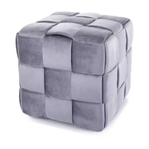 Pouf cube en velours gris à effet tressé, forme carrée et rembourrage doux Aniankaz