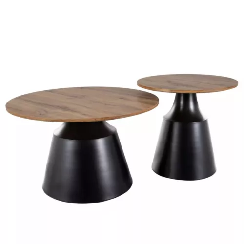 Ensemble de deux tables basses rondes avec plateau chêne artisanal Pyxis