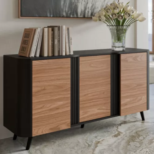 Buffet noir et bois - bords arrondis - 3 portes - 150cm Viali