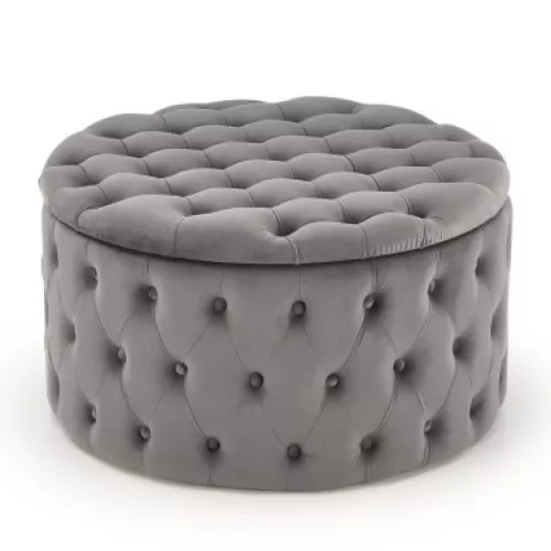 Pouf capitonné gris Ø70cm avec coffre Lydie