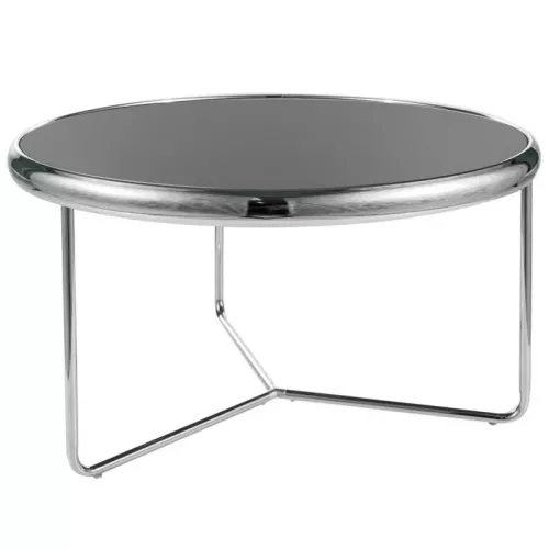 Table basse ronde en verre noir et pieds chromés Monika